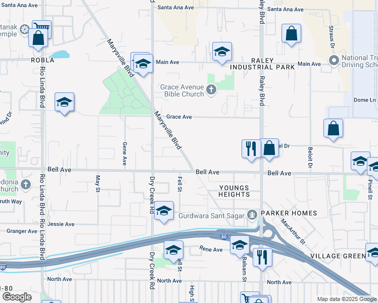 map of restaurants, bars, coffee shops, grocery stores, and more near 4450 Marysville Boulevard in Sacramento