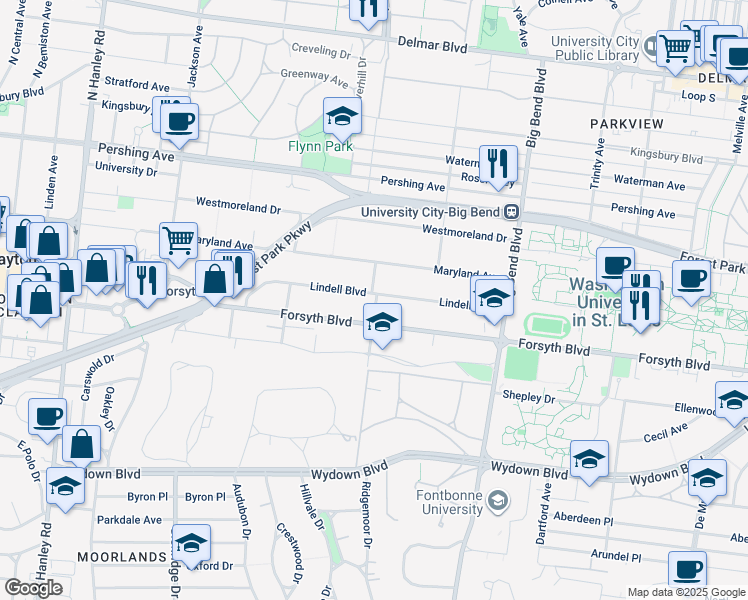 map of restaurants, bars, coffee shops, grocery stores, and more near 7157 Lindell Boulevard in University City