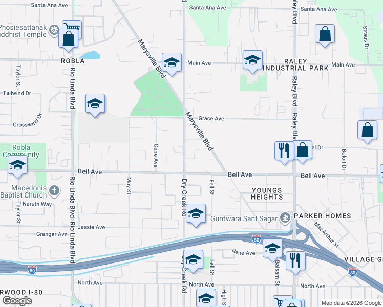 map of restaurants, bars, coffee shops, grocery stores, and more near 4435 Dry Creek Road in Sacramento