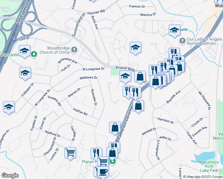 map of restaurants, bars, coffee shops, grocery stores, and more near 1820 Wigglesworth Way in Woodbridge