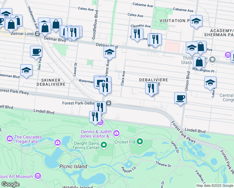 map of restaurants, bars, coffee shops, grocery stores, and more near 5615 Pershing Avenue in St. Louis