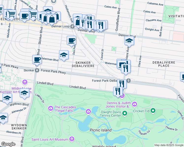 map of restaurants, bars, coffee shops, grocery stores, and more near 5820 Pershing Avenue in St. Louis
