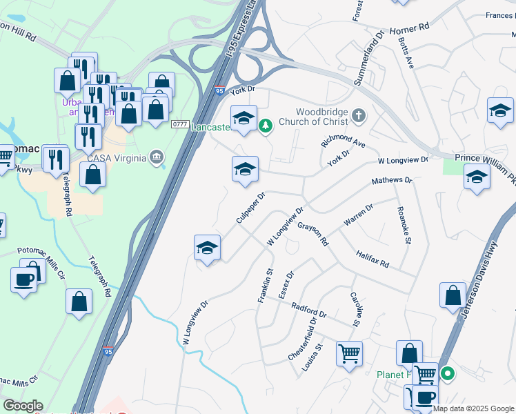 map of restaurants, bars, coffee shops, grocery stores, and more near 2125 Culpeper Drive in Woodbridge