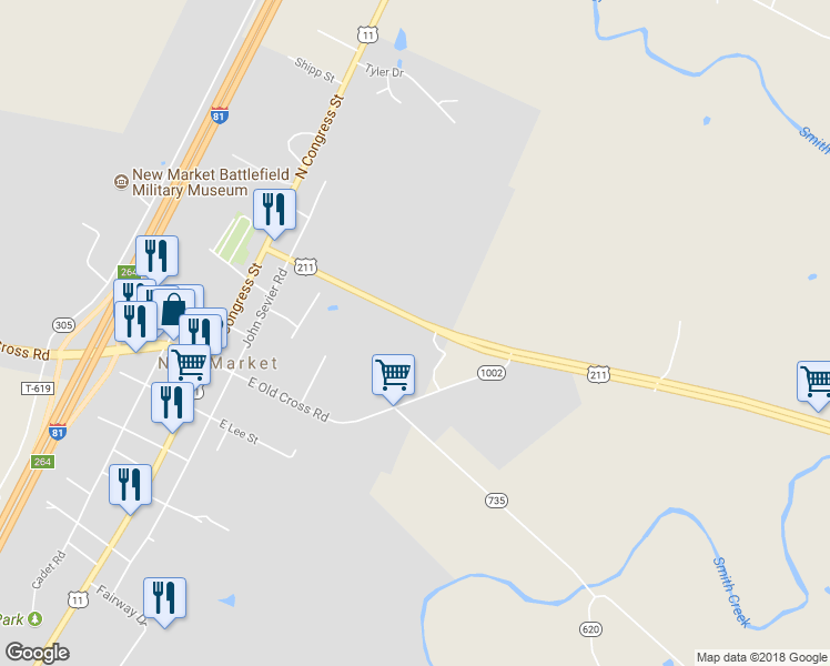map of restaurants, bars, coffee shops, grocery stores, and more near 331 East Lee Highway in New Market