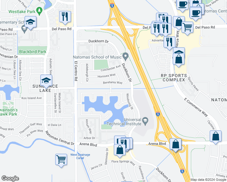 map of restaurants, bars, coffee shops, grocery stores, and more near 4372 Windsong Street in Sacramento