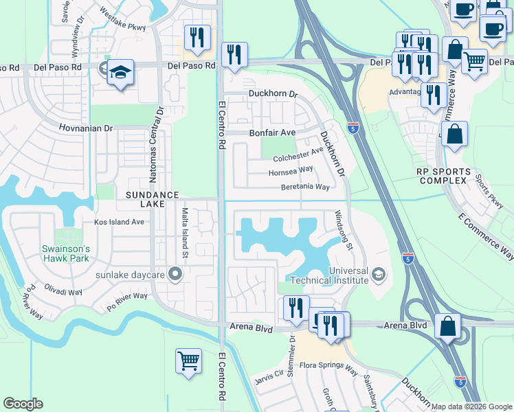 map of restaurants, bars, coffee shops, grocery stores, and more near 4500 Windsong Street in Sacramento