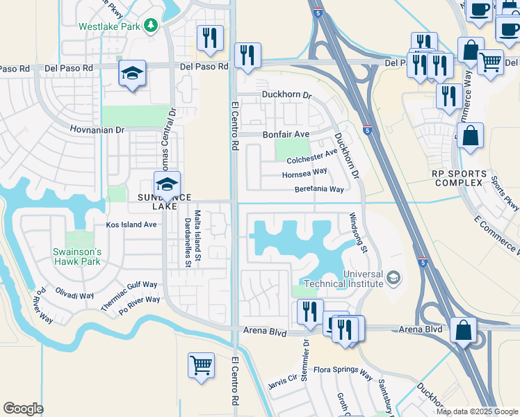 map of restaurants, bars, coffee shops, grocery stores, and more near 4518 Windsong Street in Sacramento