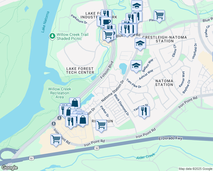 map of restaurants, bars, coffee shops, grocery stores, and more near 240 Natoma Station Drive in Folsom