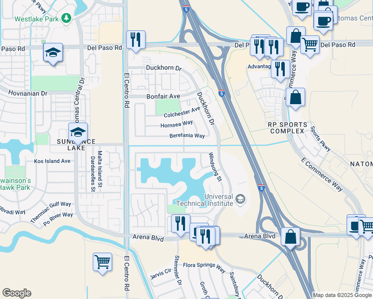 map of restaurants, bars, coffee shops, grocery stores, and more near 4372 Windsong Street in Sacramento