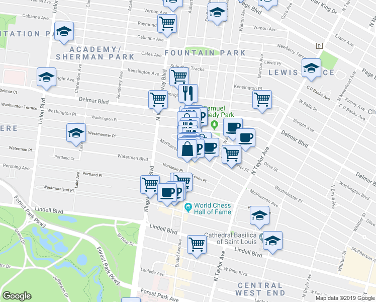 map of restaurants, bars, coffee shops, grocery stores, and more near in St. Louis