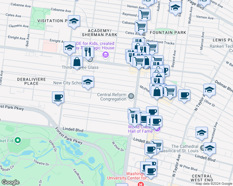 map of restaurants, bars, coffee shops, grocery stores, and more near 5079 Waterman Boulevard in St. Louis