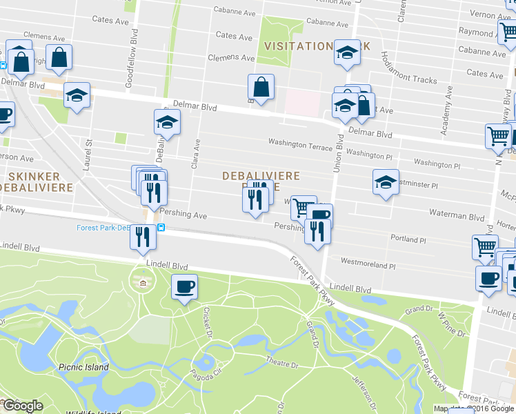 map of restaurants, bars, coffee shops, grocery stores, and more near 5518 Waterman Boulevard in St. Louis