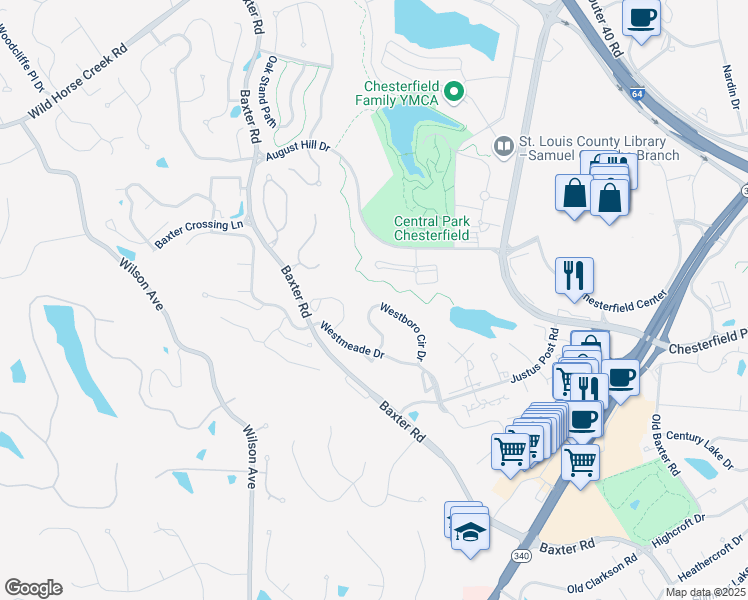 map of restaurants, bars, coffee shops, grocery stores, and more near Riparian Trail in Chesterfield