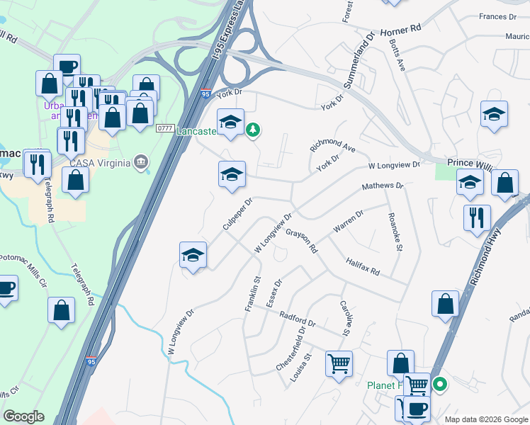 map of restaurants, bars, coffee shops, grocery stores, and more near 14035 Grayson Road in Woodbridge