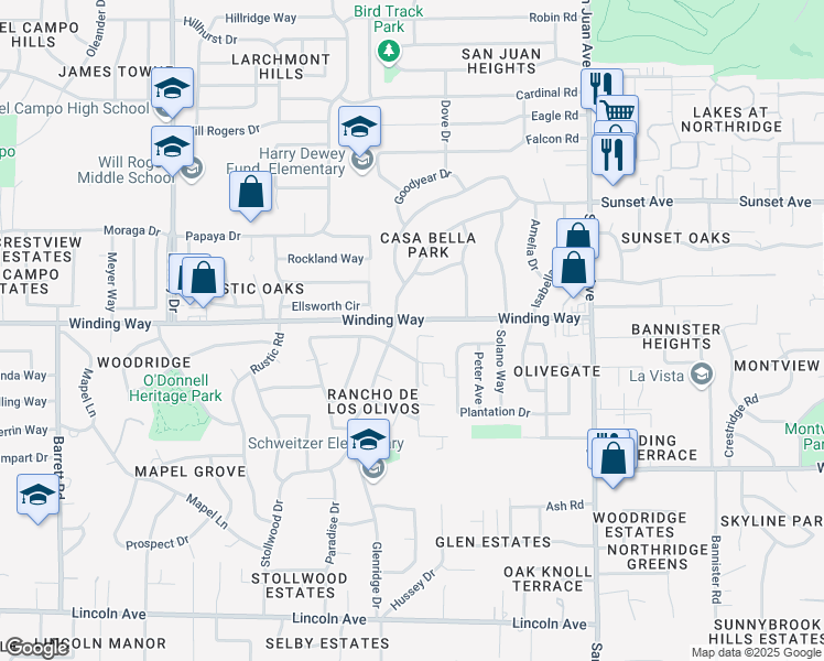 map of restaurants, bars, coffee shops, grocery stores, and more near 4651 Ladera Way in Carmichael
