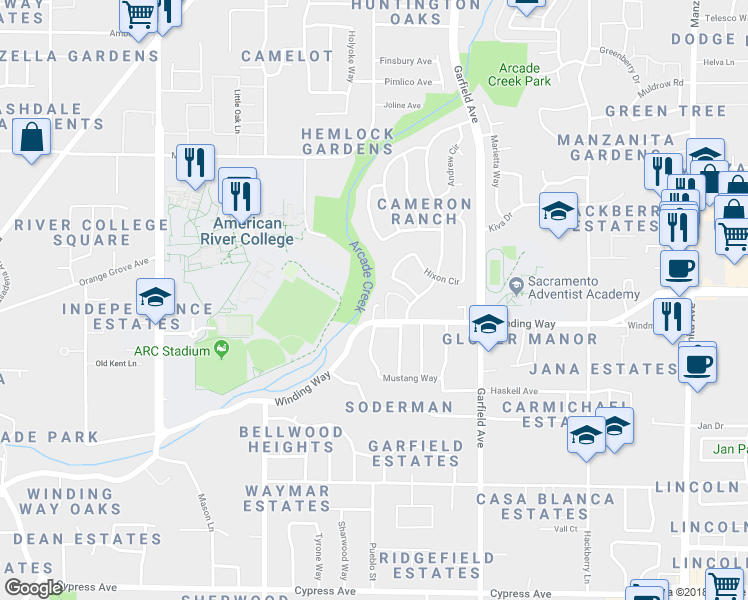 map of restaurants, bars, coffee shops, grocery stores, and more near 5233 Winding Way in Carmichael