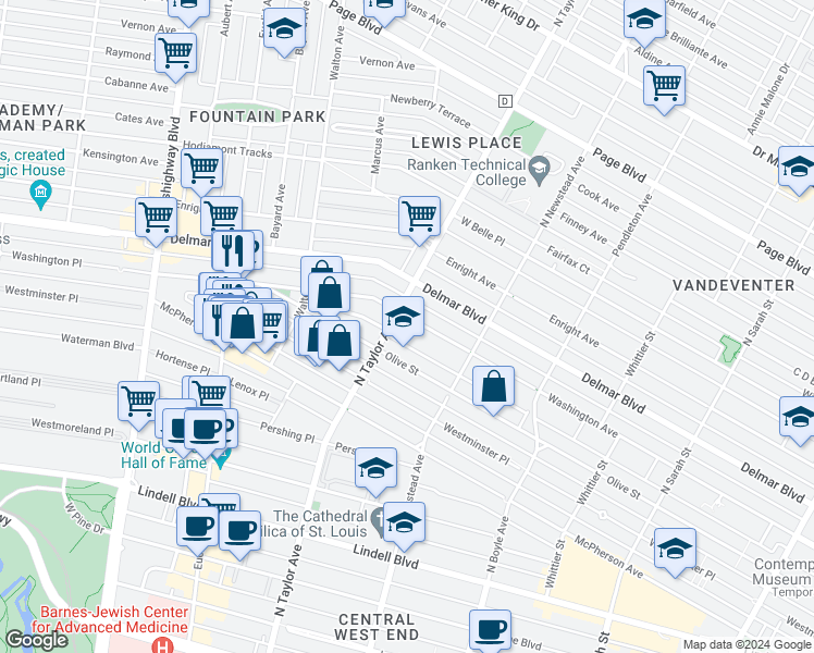 map of restaurants, bars, coffee shops, grocery stores, and more near 4474 Washington Boulevard in St. Louis