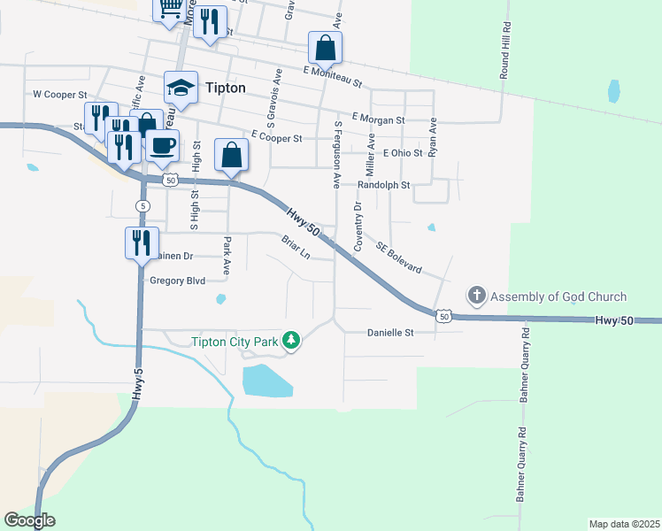map of restaurants, bars, coffee shops, grocery stores, and more near 117-123 Briar Ln in Tipton