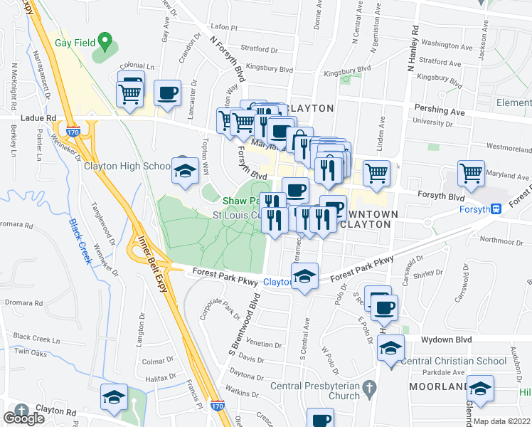 map of restaurants, bars, coffee shops, grocery stores, and more near 100 South Brentwood Boulevard in St. Louis