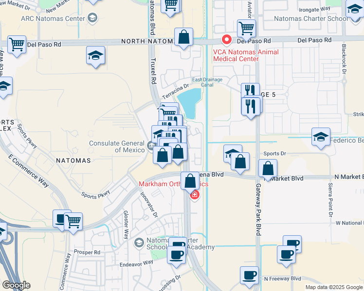 map of restaurants, bars, coffee shops, grocery stores, and more near 4200 Truxel Road in Sacramento