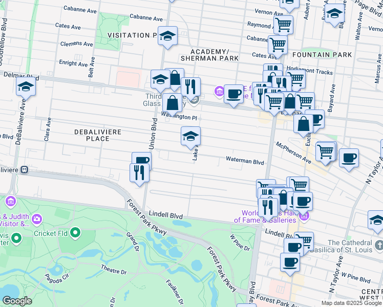 map of restaurants, bars, coffee shops, grocery stores, and more near 5209 Waterman Boulevard in St. Louis