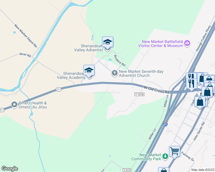 map of restaurants, bars, coffee shops, grocery stores, and more near 50 Burkholder Lane in New Market