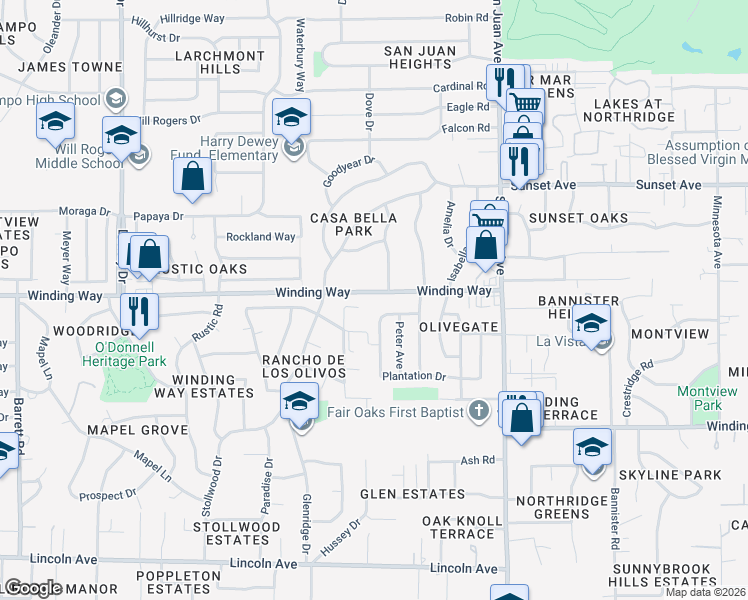 map of restaurants, bars, coffee shops, grocery stores, and more near 7130 Winding Way in Fair Oaks