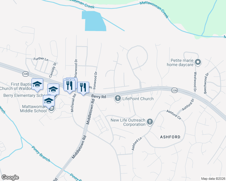 map of restaurants, bars, coffee shops, grocery stores, and more near 10375 Chamberlin Court East in Waldorf