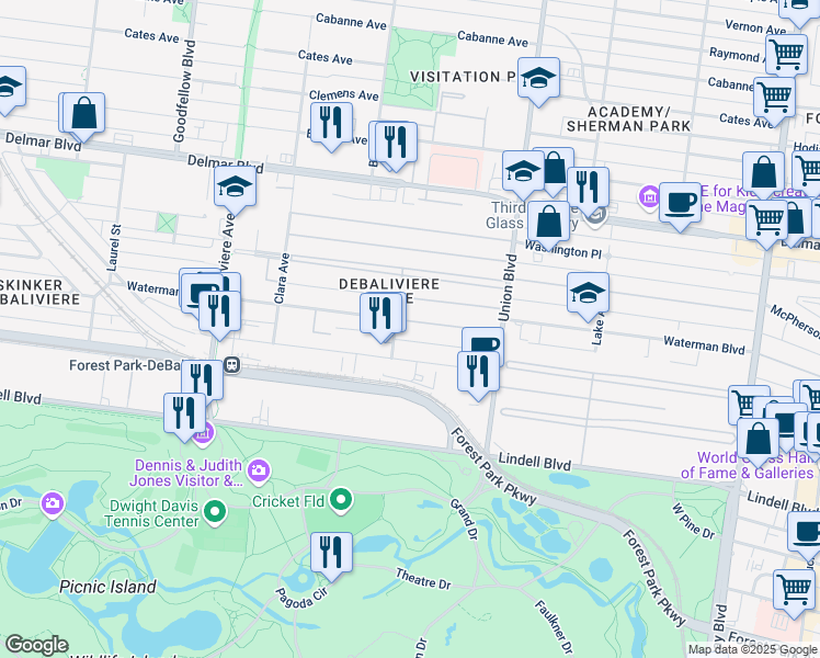 map of restaurants, bars, coffee shops, grocery stores, and more near 88 Waterman Place in St. Louis