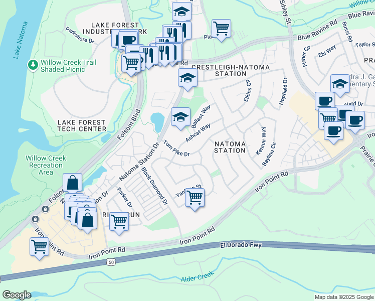 map of restaurants, bars, coffee shops, grocery stores, and more near 430 Turn Pike Dr in Folsom