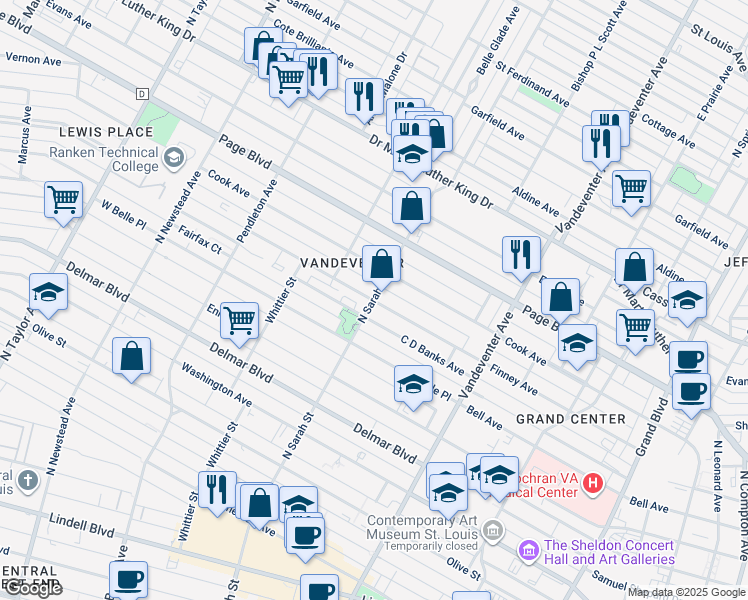 map of restaurants, bars, coffee shops, grocery stores, and more near N Sarah St & Finney Ave in St Louis