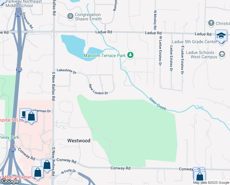 map of restaurants, bars, coffee shops, grocery stores, and more near 11502 New London Drive in Creve Coeur