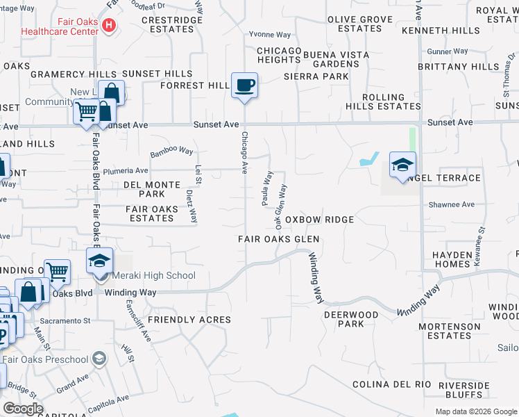 map of restaurants, bars, coffee shops, grocery stores, and more near 4615 Paula Way in Fair Oaks