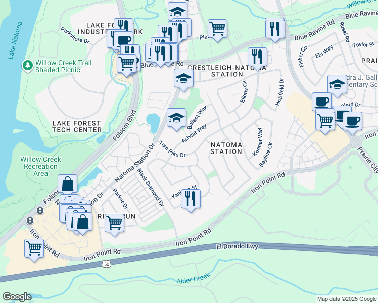 map of restaurants, bars, coffee shops, grocery stores, and more near 426 Turn Pike Drive in Folsom
