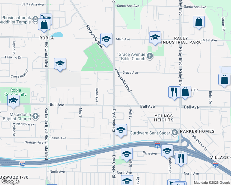 map of restaurants, bars, coffee shops, grocery stores, and more near 4435 Dry Creek Road in Sacramento
