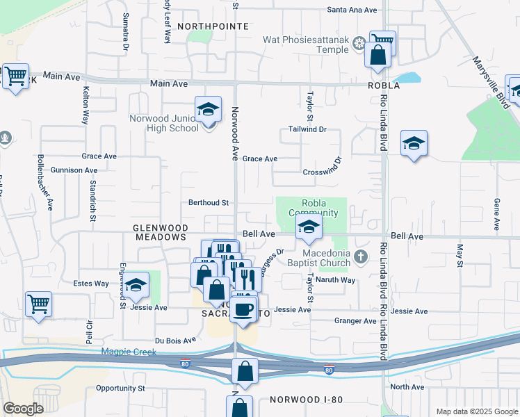 map of restaurants, bars, coffee shops, grocery stores, and more near 442 Berthoud Street in Sacramento