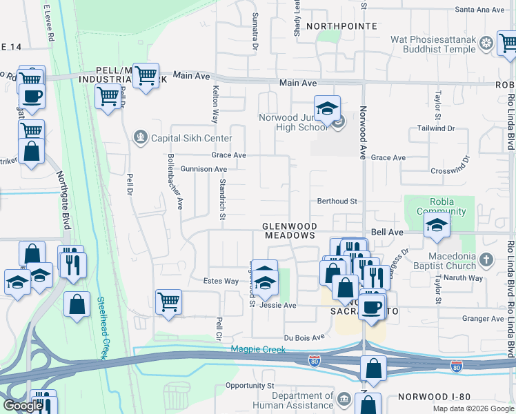map of restaurants, bars, coffee shops, grocery stores, and more near 30 Megan Court in Sacramento