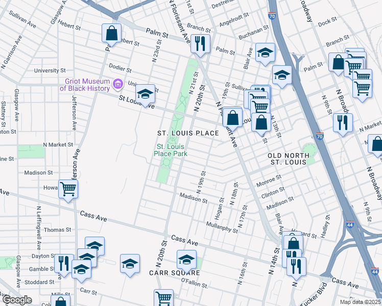 map of restaurants, bars, coffee shops, grocery stores, and more near 1926 Warren Street in St. Louis