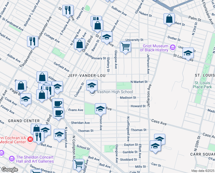 map of restaurants, bars, coffee shops, grocery stores, and more near 2939 Magazine Street in St. Louis