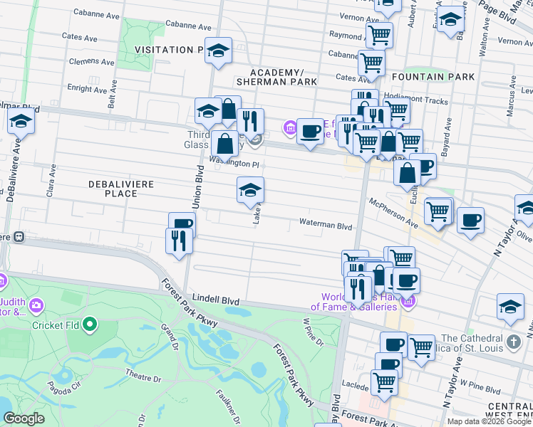map of restaurants, bars, coffee shops, grocery stores, and more near 456 Lake Avenue in St. Louis