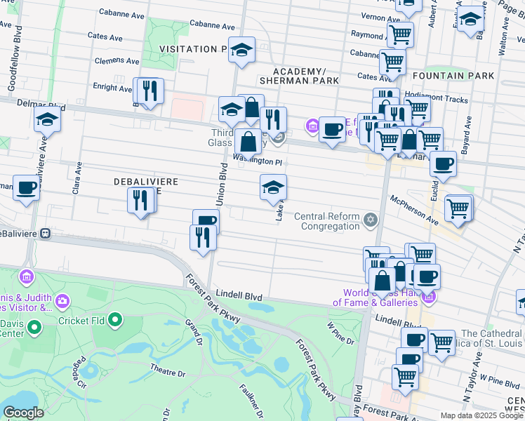 map of restaurants, bars, coffee shops, grocery stores, and more near 5235 Waterman Boulevard in St. Louis