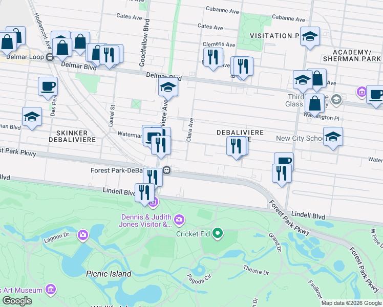 map of restaurants, bars, coffee shops, grocery stores, and more near 5604 Waterman Boulevard in St. Louis