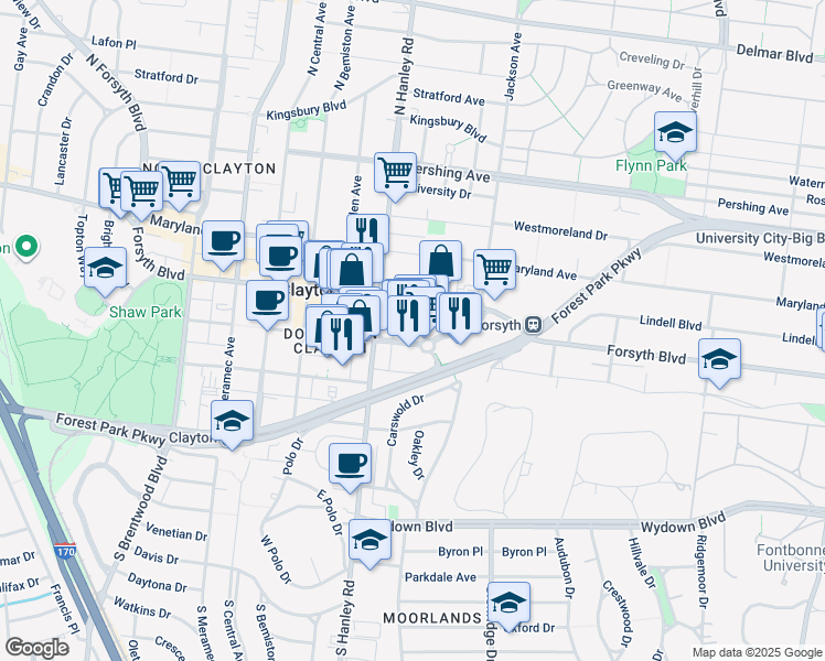 map of restaurants, bars, coffee shops, grocery stores, and more near 135 Carondelet Plaza in Clayton