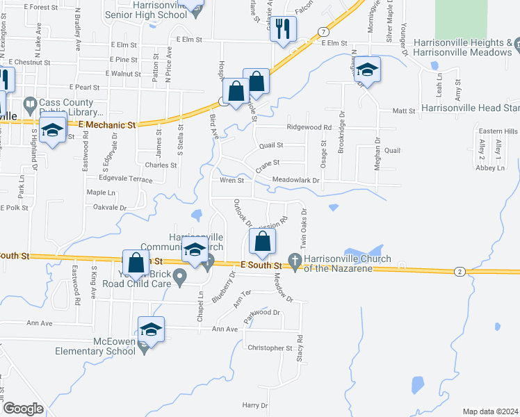 map of restaurants, bars, coffee shops, grocery stores, and more near 2001 Twin Oaks Drive in Harrisonville