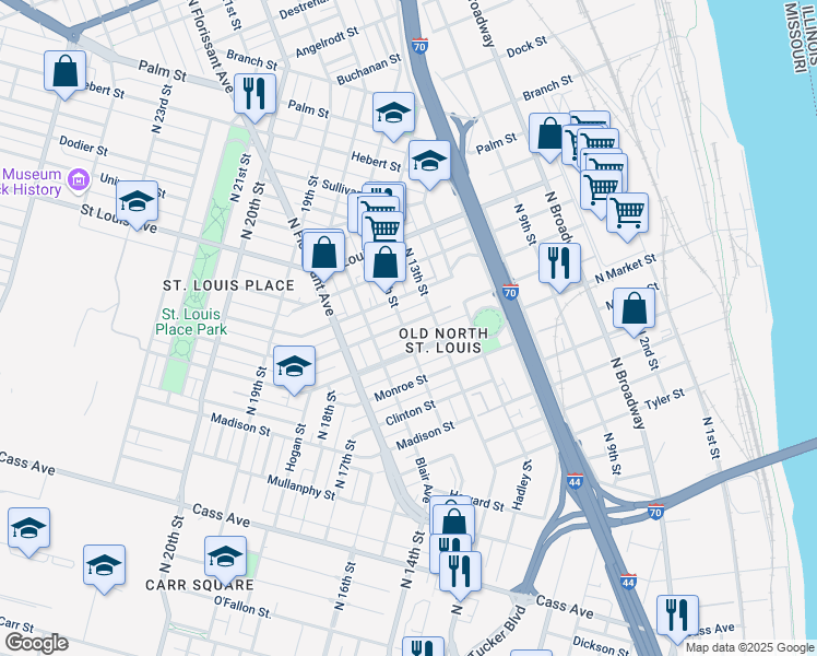 map of restaurants, bars, coffee shops, grocery stores, and more near 1324 Benton Street in St. Louis