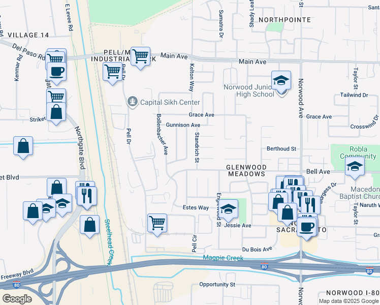 map of restaurants, bars, coffee shops, grocery stores, and more near 4486 Breckenridge Way in Sacramento