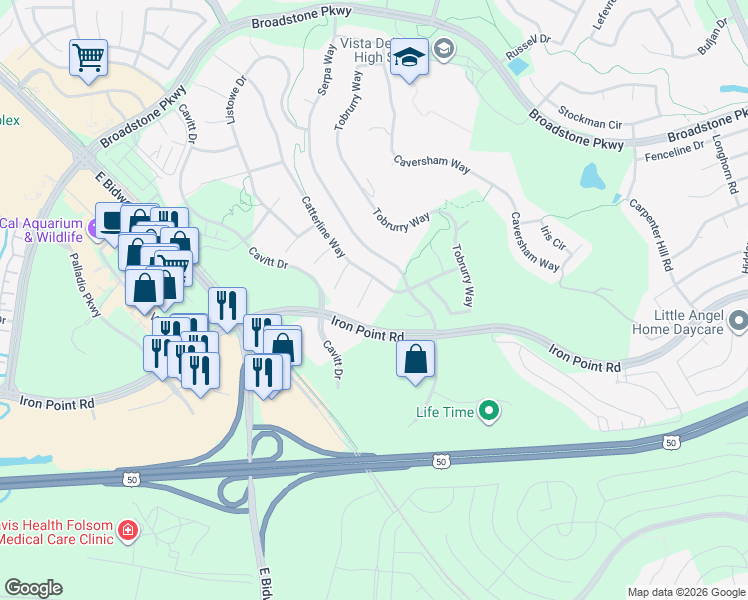map of restaurants, bars, coffee shops, grocery stores, and more near 1759 Pentland Court in Folsom