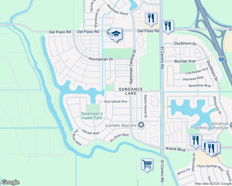 map of restaurants, bars, coffee shops, grocery stores, and more near 3801 Lake Katie Way in Sacramento
