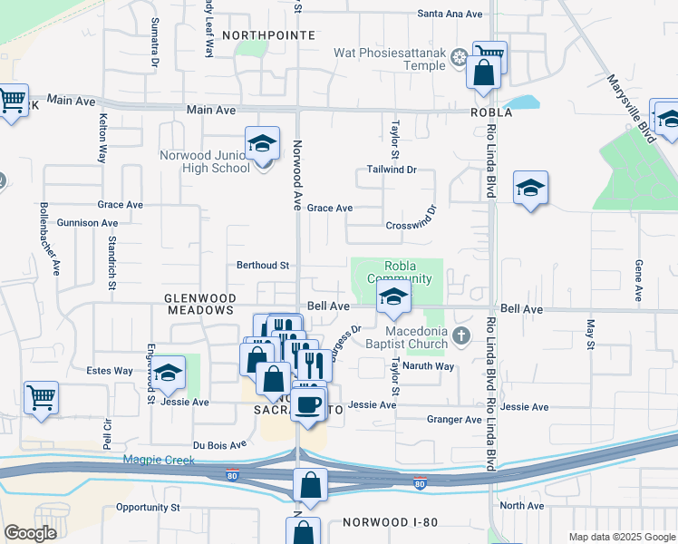 map of restaurants, bars, coffee shops, grocery stores, and more near 442 Berthoud St in Sacramento