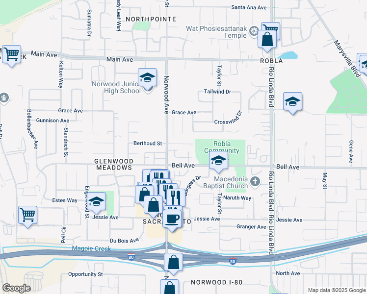 map of restaurants, bars, coffee shops, grocery stores, and more near 442 Berthoud Street in Sacramento